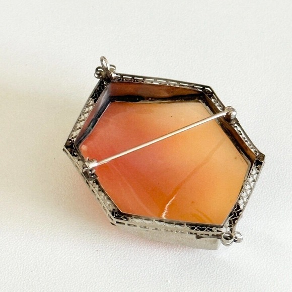 Vintage 14K Solid White Gold Carved Cameo Shell Woman & Flowers Large Brooch Pin - Picture 7 of 16